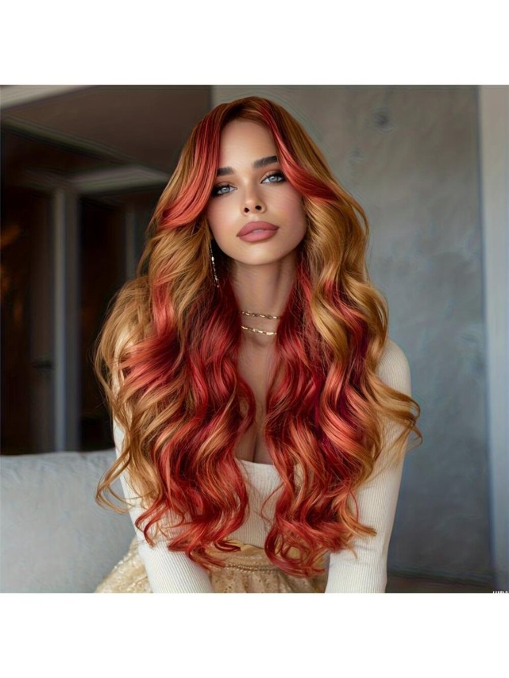 28-Inch Brown Gradient Highlighted Red Bangs Wavy Wig - Long, Slightly Curled